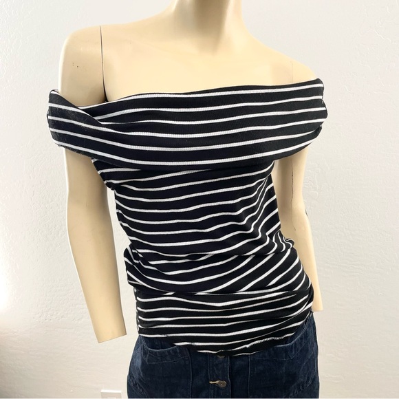 Free People Black and White Off-Shoulder Striped Blouse- L - Picture 7 of 13